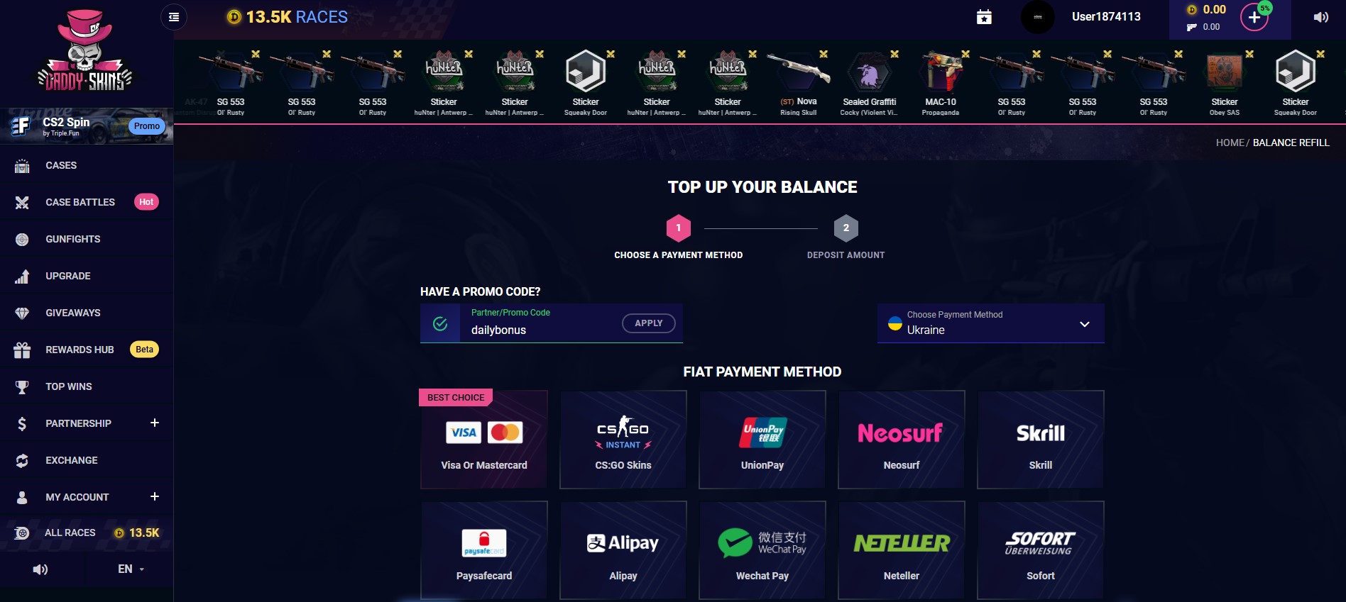 DaddySkins CS2 case opening website screenshot