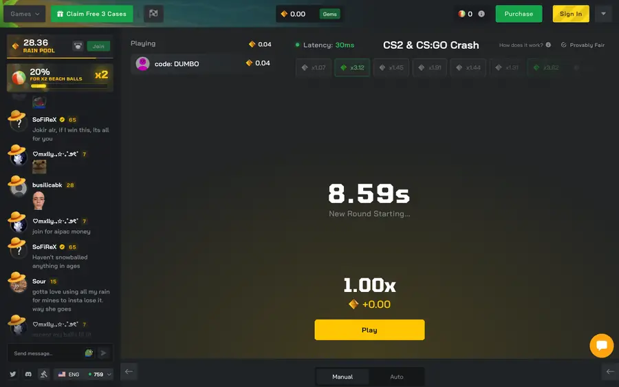 Clash.GG crash game screenshot showing the round countdown, previous multipliers, and Play button