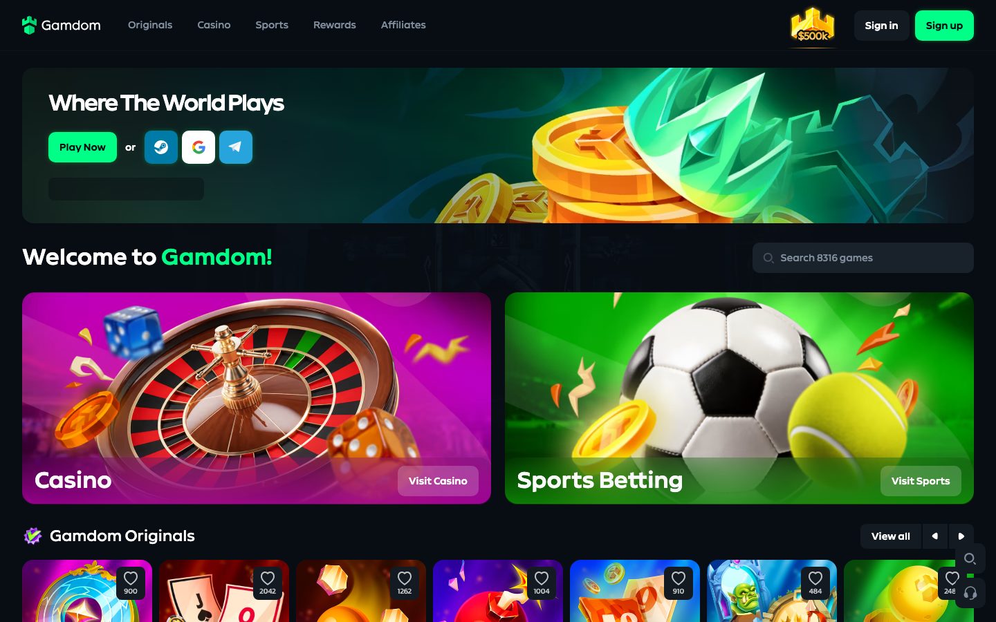 Gamdom homepage screenshot for best CS2 jackpot sites comparison
