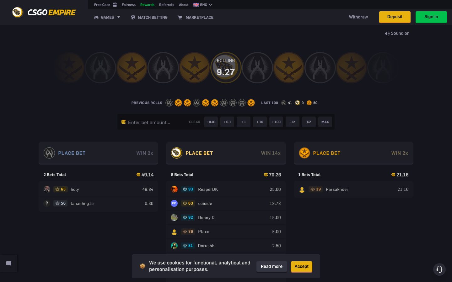 CSGOEmpire roulette jackpot gameplay screenshot