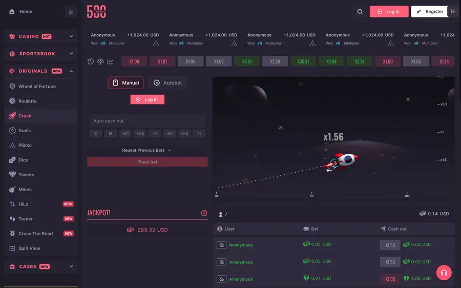 CSGO500 crash game screenshot showing the rocket multiplier animation, betting controls, and live bets on 500 Casino