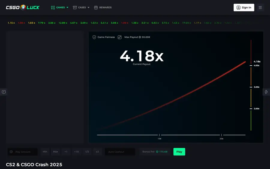 CSGOLuck crash game screenshot showing the rising multiplier graph, payout, and play controls