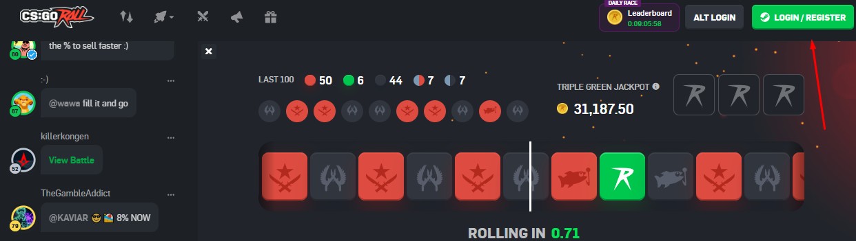CSGORoll homepage with the Login / Register button highlighted