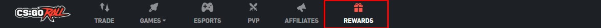 CSGORoll top menu with the Rewards tab highlighted