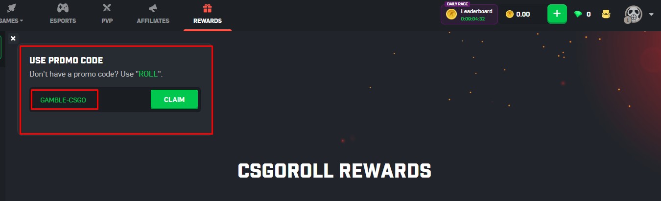 CSGORoll Rewards page with GAMBLE-CSGO entered in the promo code field