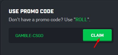 CSGORoll Use Promo Code box with GAMBLE-CSGO and the Claim button