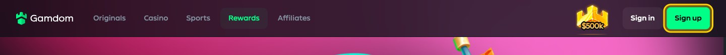 Gamdom Rewards header with the Sign up button highlighted