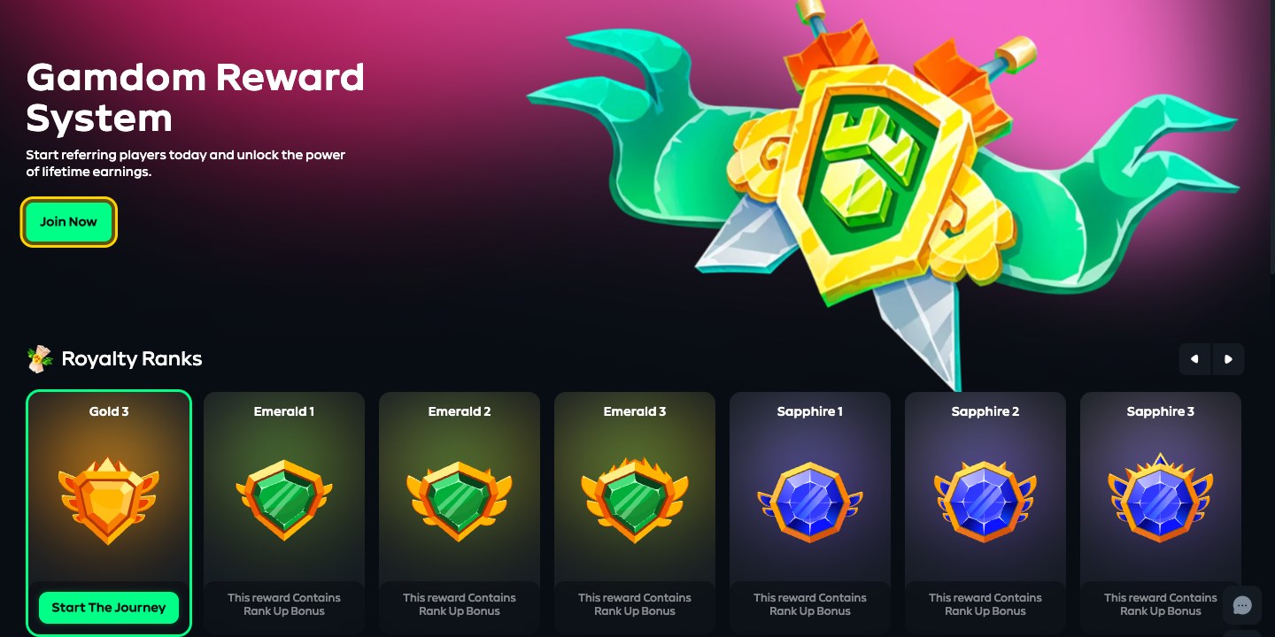 Gamdom Rewards page showing the Reward System, Join Now button, and Royalty Ranks