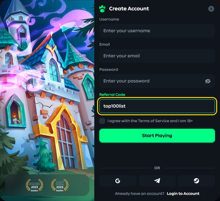 Gamdom Create Account form with top100list entered in the Referral Code field