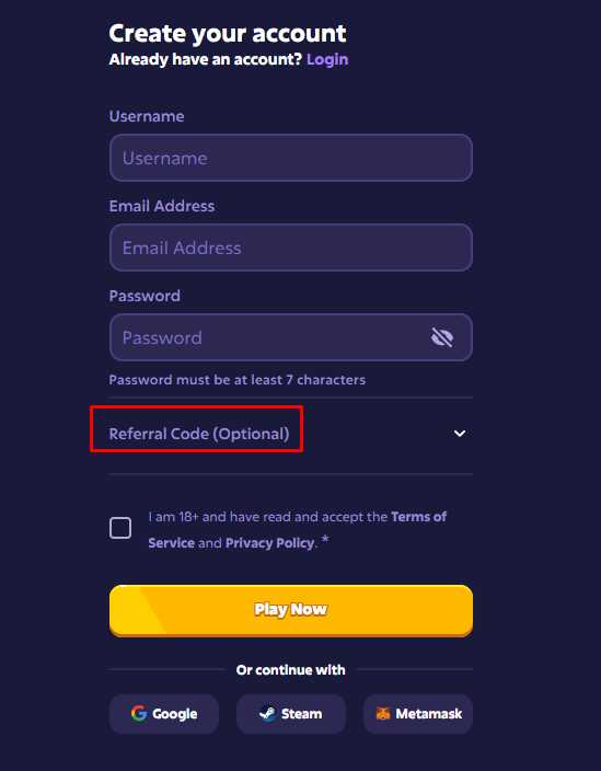 Roobet sign-up form with the Referral Code Optional field highlighted