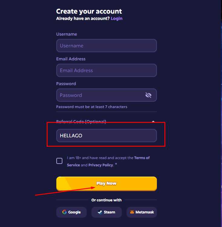 Roobet sign-up form with HELLAGO entered in the referral code field