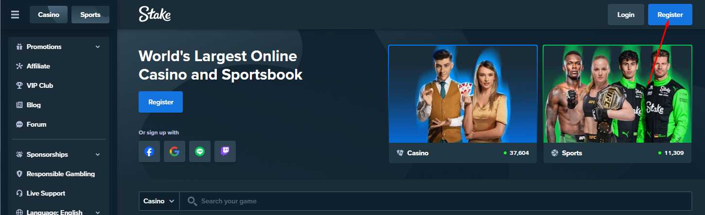 Stake homepage with the Register button highlighted
