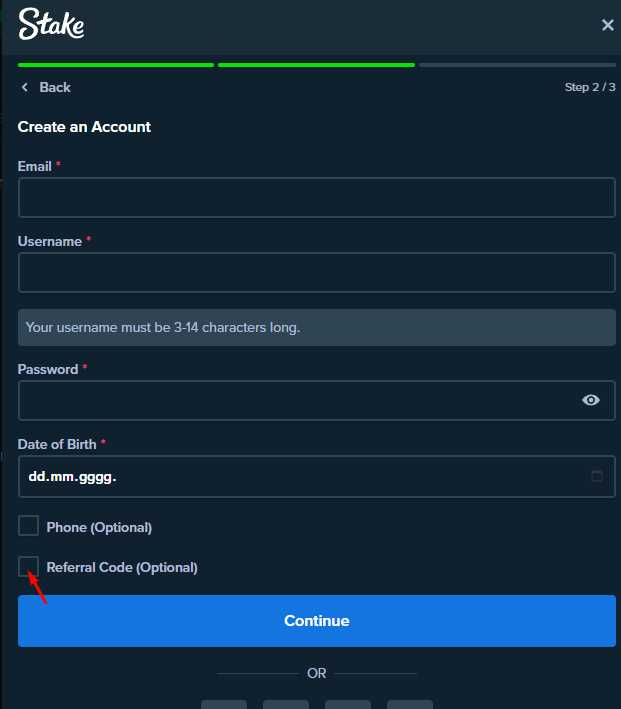 Stake sign-up form with the Referral Code Optional checkbox highlighted