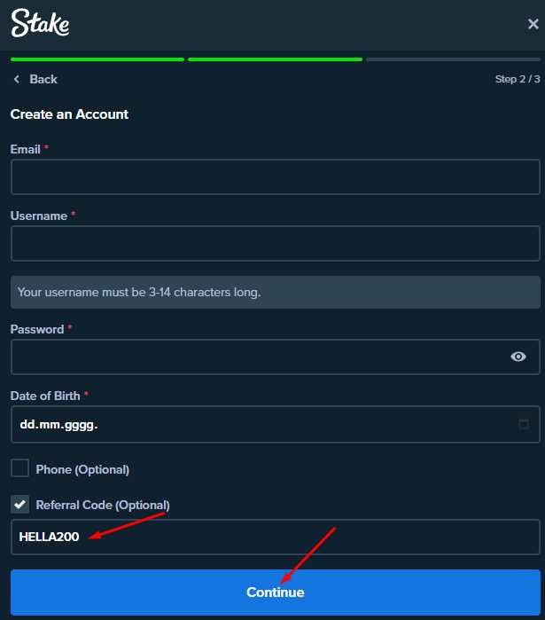 Stake sign-up form with HELLA200 entered in the referral code field